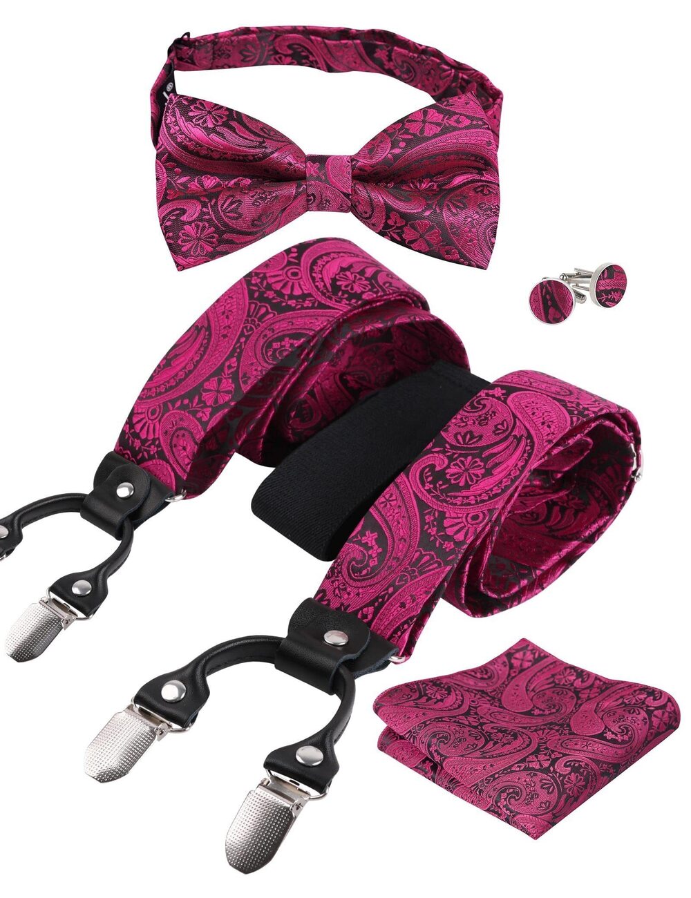 5942 Classic Paisley Suspender, Bow Tie, Hanky and Cufflinks Set Black+Hot
